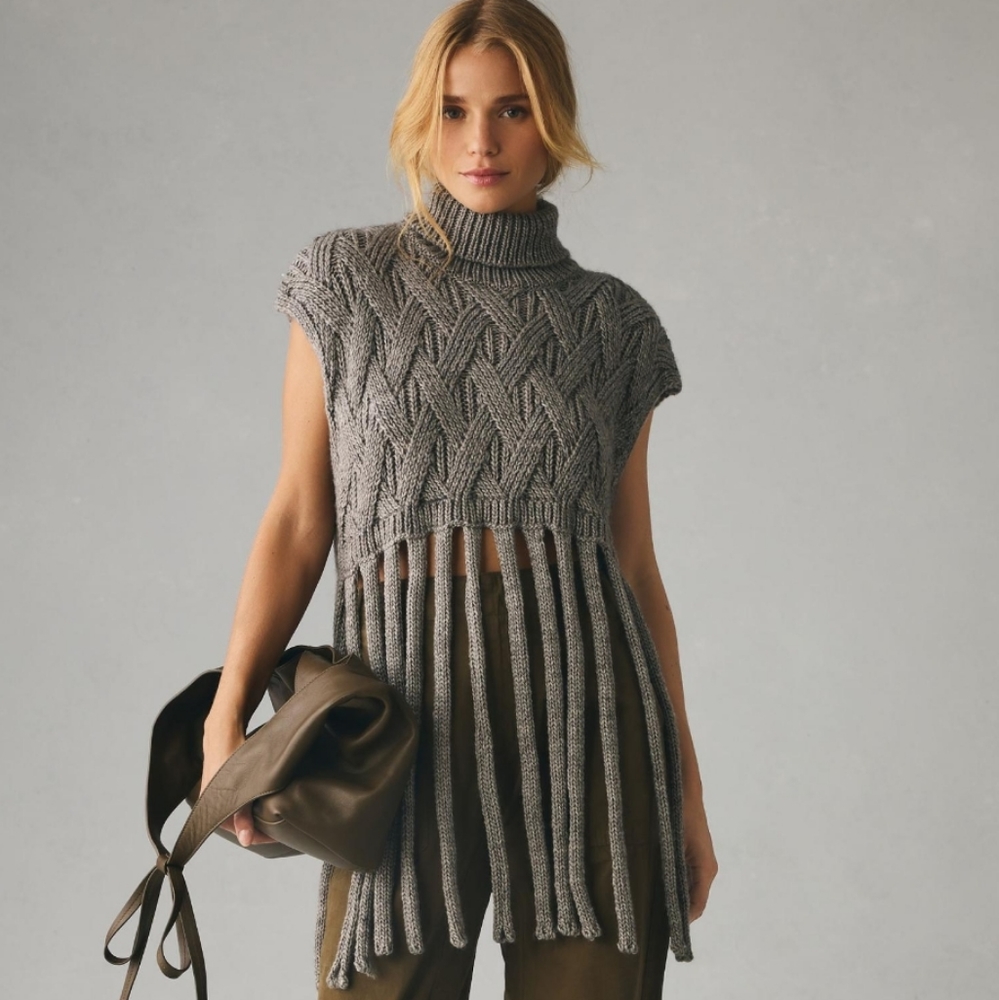 NWT Pilcro Long Fringe Cable Sweater Vest